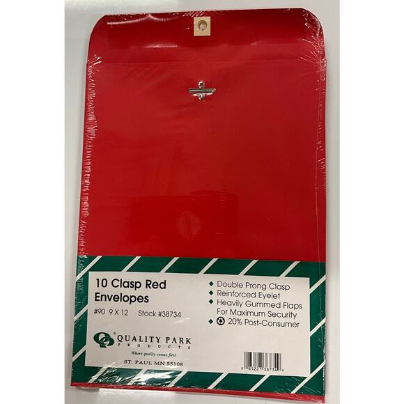 Sealed 10 Clasp Red Envelopes #90 - 9X12-#38734 Quality Park Fashion Color 28lb - Picture 1 of 4